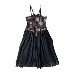 Beaded Sequin Patchwork Evening Dress V Waistline Midi 100% Silk Black Metallic